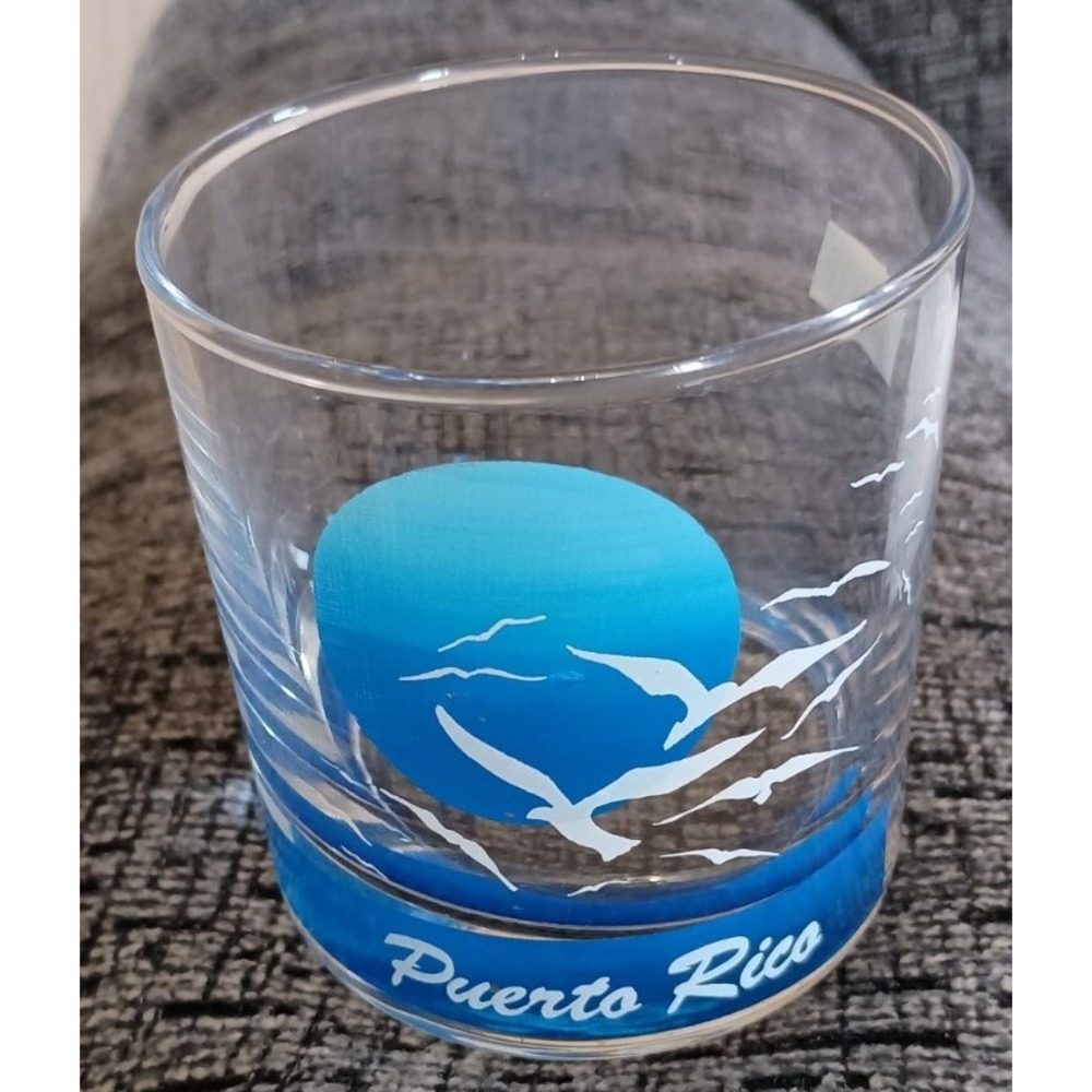 Puerto Rico Souvenir Glass Tumbler Scotch Whisky Blue Sun Seagulls Barware